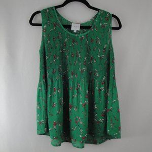 GRAY LA Tank Top XSMALL Green Floral Pleated Swing